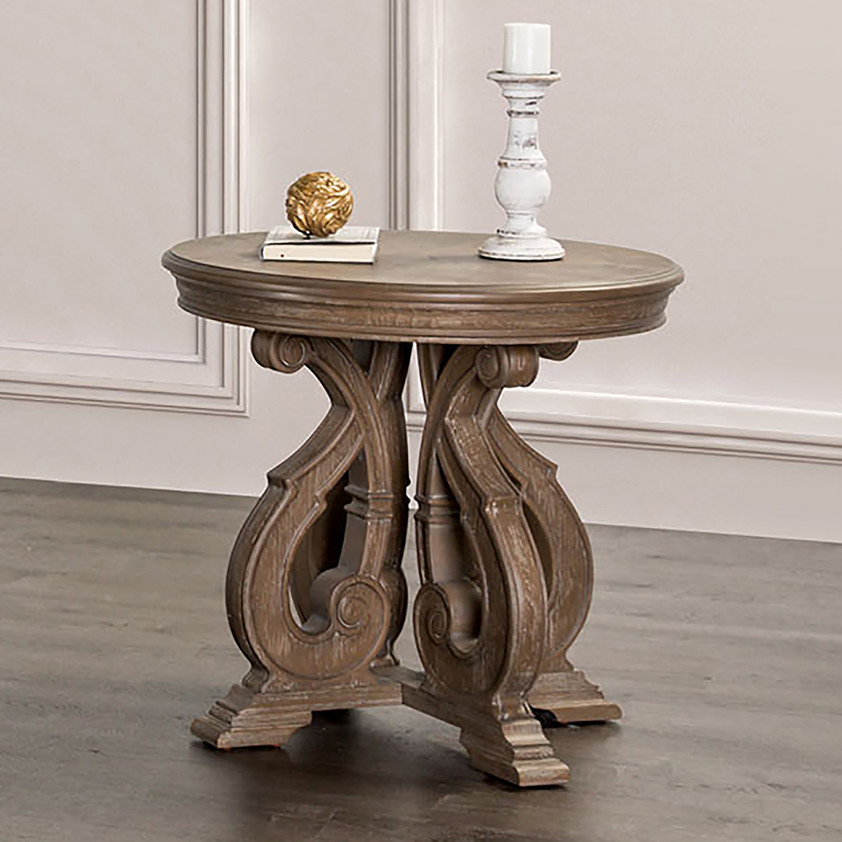 Furniture of America Moun Traditional Weathered Oak Wood Round End Table