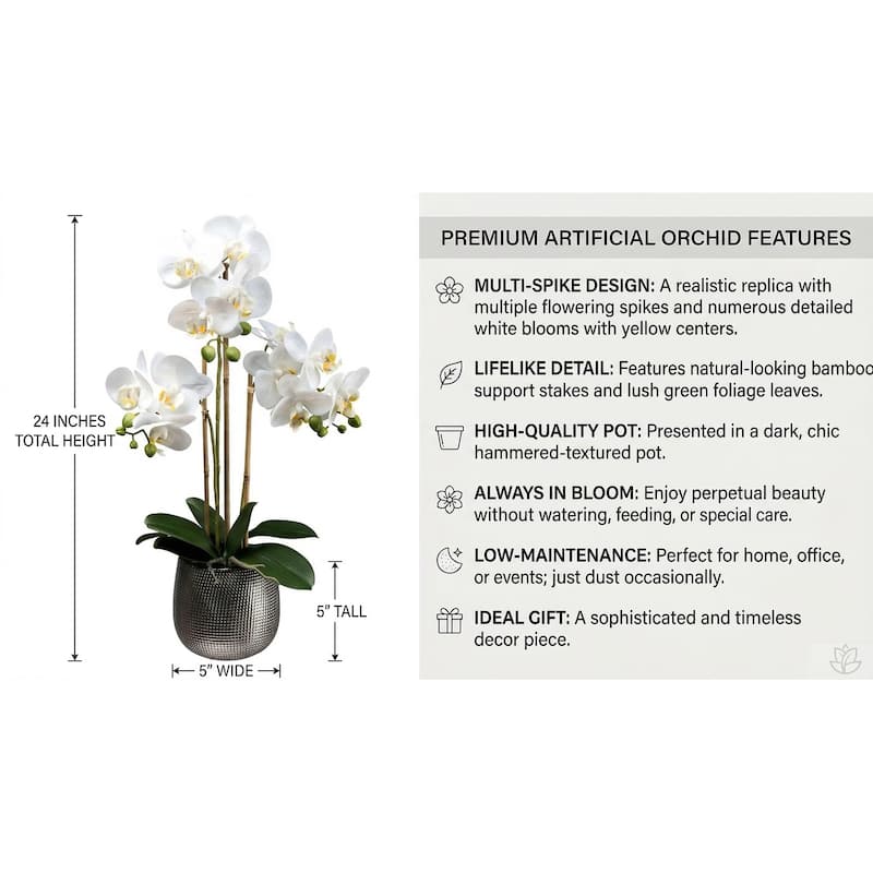 Premium Artificial White Orchid Phalaenopsis Including Textured Metallic-Silver Vase, 24 Inch