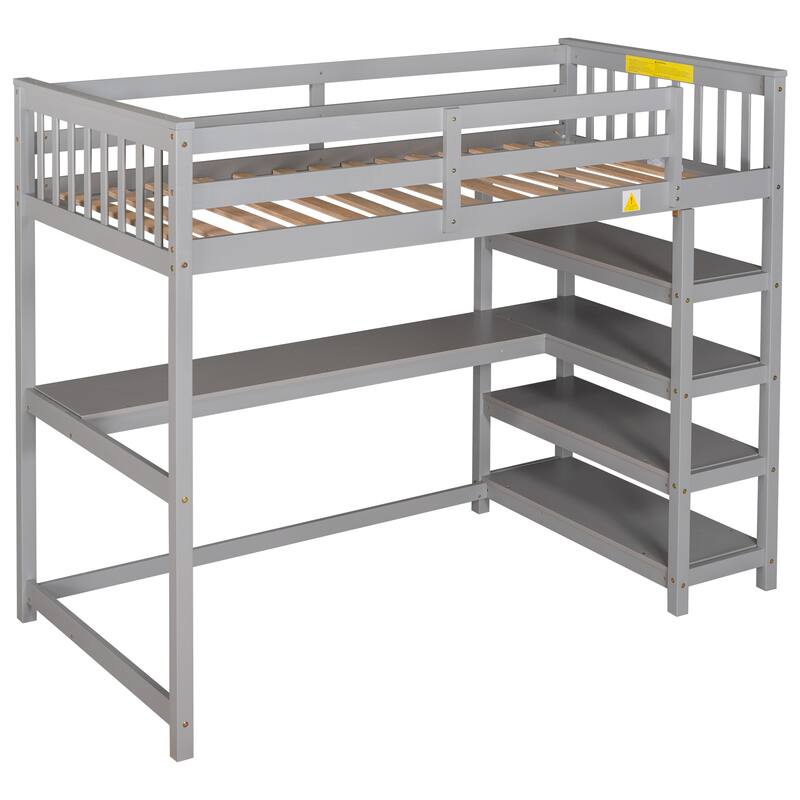 Twin/Full Loft Bed with Desk and Shelves, Wooden Loft Bed for Children's Bedrooms, Small Space, Space-Saving