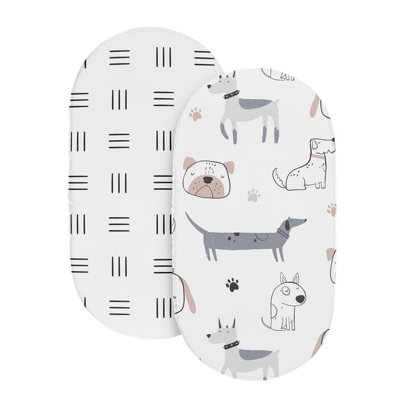 Sweet Jojo Designs Dog Boy, Girl, Unisex/Gender Neutral 2 Pack Baby Bassinet Fitted Sheets - Black & White Hatch & Modern, Puppy