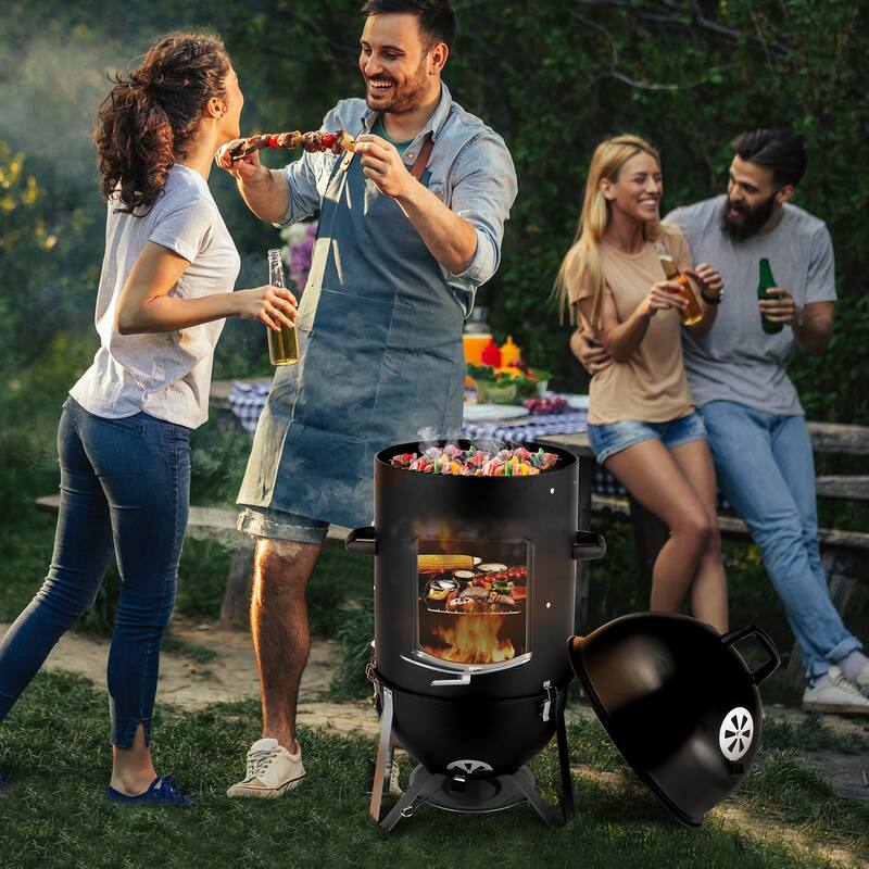 Black Steel Charcoal Smoker With Three Layer Round BBQ Grill