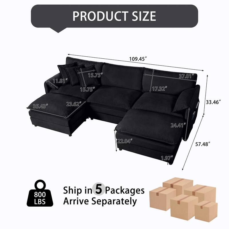 U-shaped Chaise Sectional Sofa Chenille Modular Couch with Thickened Seat Cushions, Armrest Pillows and Side Pockets