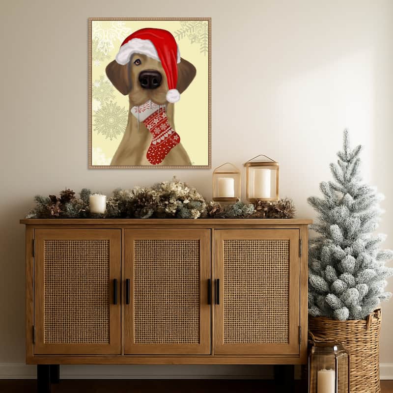 Christmas Drooly Christmas Dane by Fab Funky (23 x 28 in.), Framed Canvas Wall Art Print - Sylvie Beaded Rustic Natural