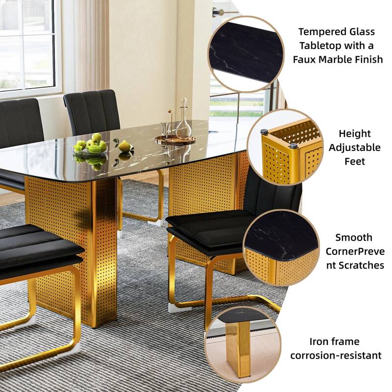 Modern Rectangular Tempered Glass Dining Table, Marble-Patterned Design with Gold Dual-Pedestal Metal Base for Dining Room