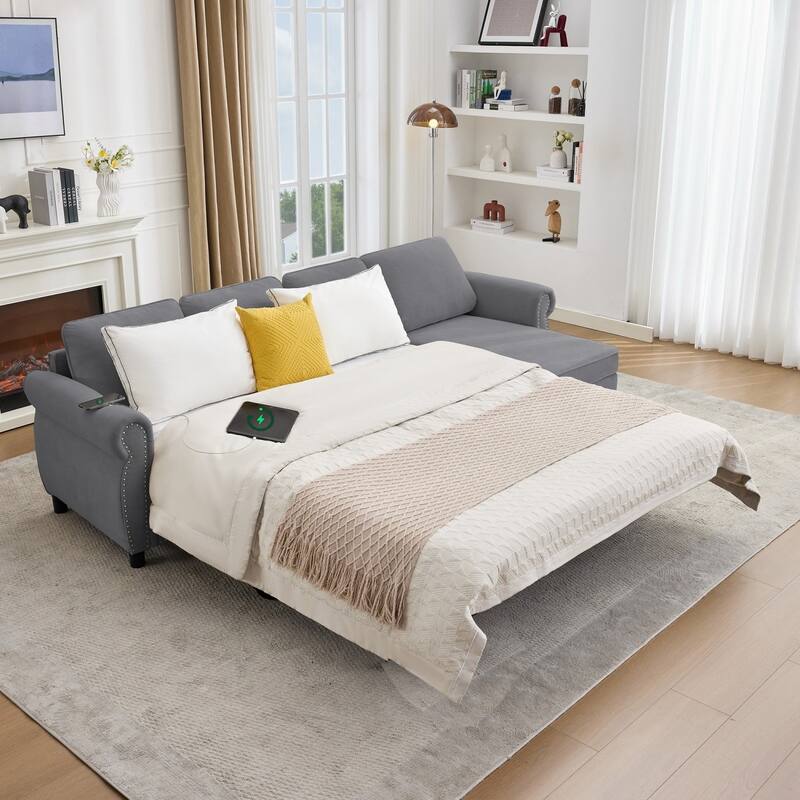 106.5" L-Shaped Flannelette Sectional Sofa with Pull-Out Bed