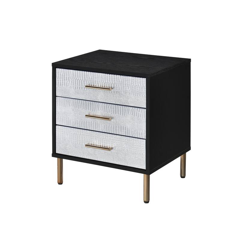 Black Nightstand with Faux Crocodile Print, Gold Metal Legs, and 3 Storage Drawers, 23" Tall, Hollywood Glam Style