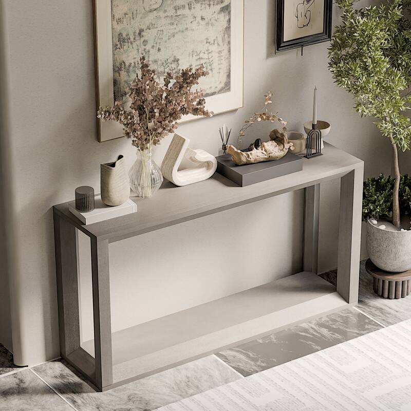 60" Rectangular Solid Wood Veneer Console Table, Wide Sofa Table, Behind Couch Table with Ample Storage - Grey