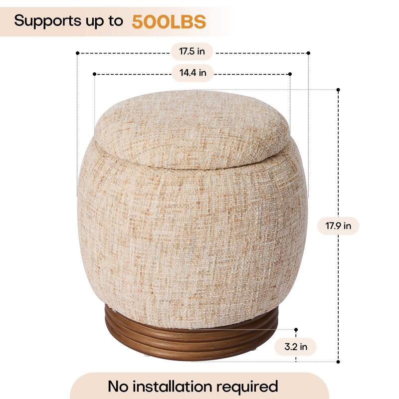 Round Storage Pouf Ottoman Footstool with Flip-top and Acacia Frame