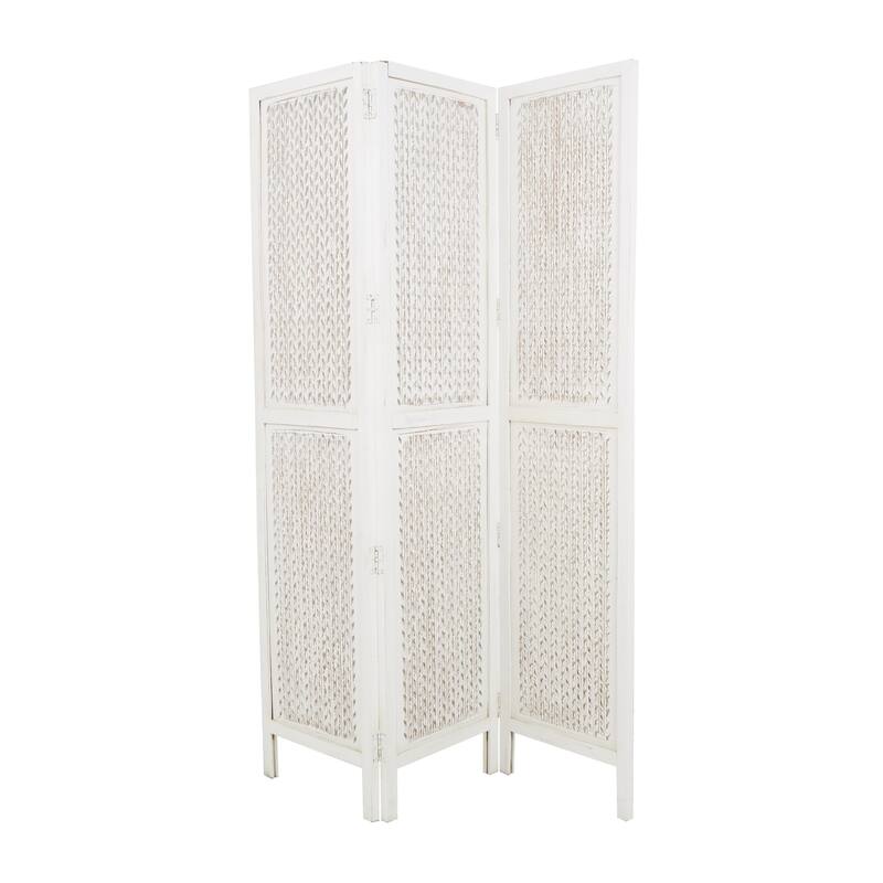 White Mango Wood Cutout 3 Panel Geometric Partition Room Divider Screen
