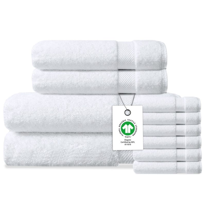 Delara Organic Cotton Luxuriously Plush Bath Towel 10 Piece Set | GOTS & OEKO-TEX Certified | 650 GSM Long Staple - White