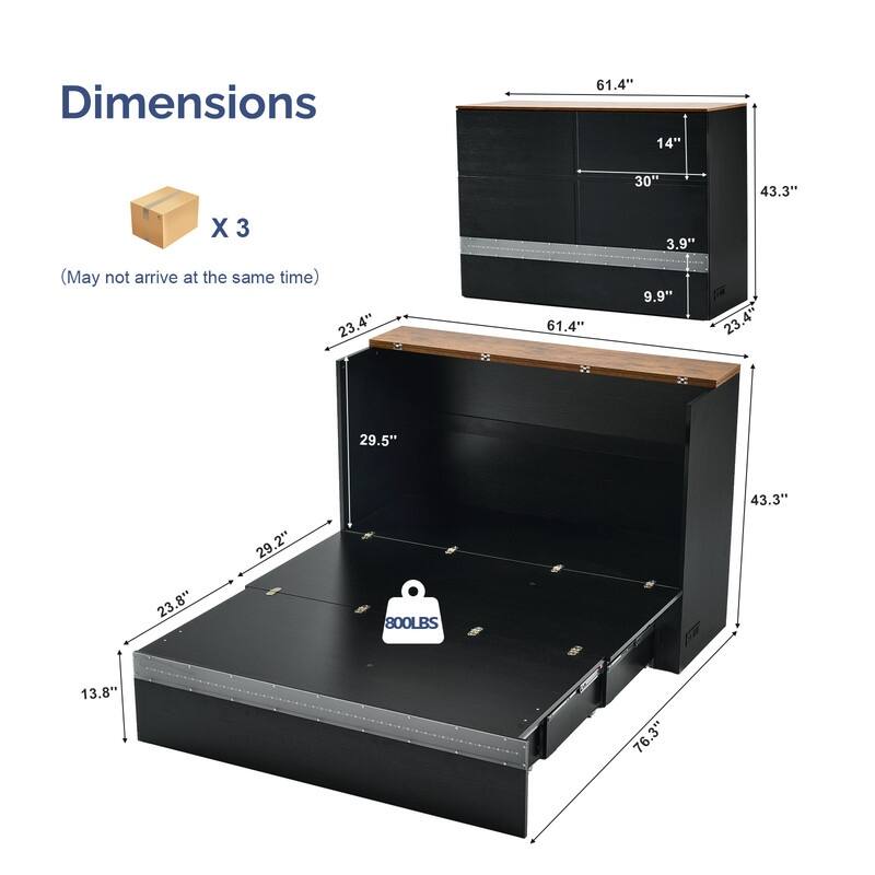 Murphy Bed with Storage Drawer,Smart LED Lighting & Built-in Charging Station, Space-Saving Cabinet Bed for Kids,Adults,Black