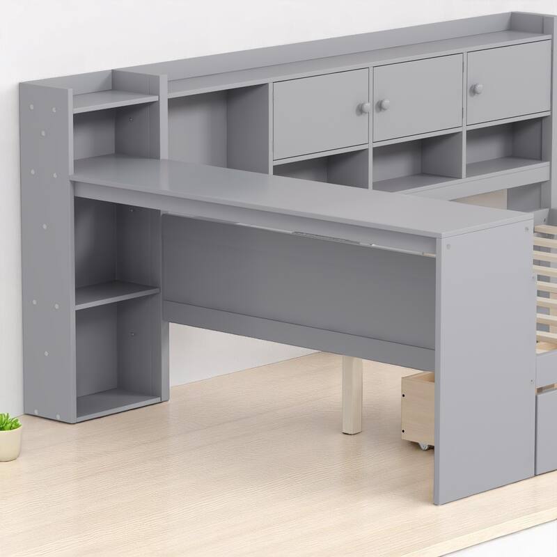 Space-Saving L-Shaped Daybed with Seven Storage Cabinets, Two Drawers, and Adjustable Study Desk