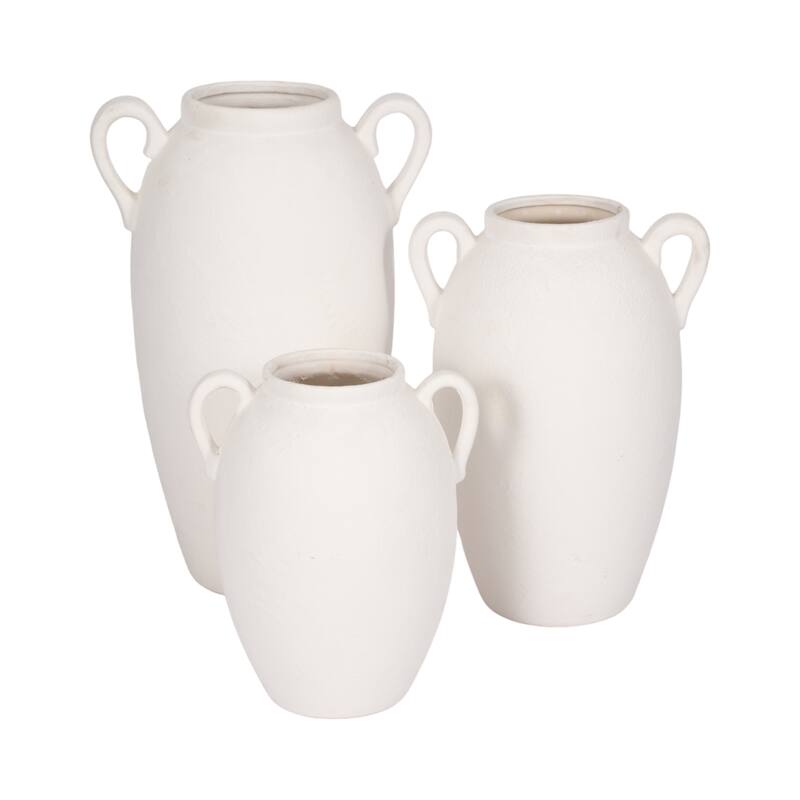 Neutral Ceramic Textured Amphora Jug with Handles Vase - White