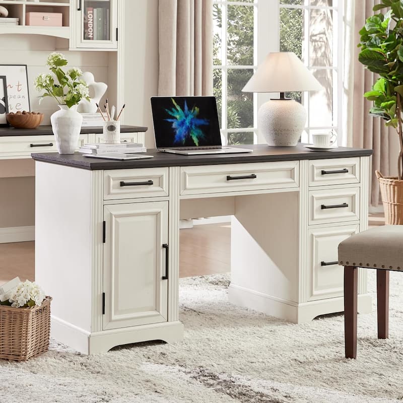 58" Large Computer Desk with Drawers, Embossed Texture Office Desk - Off White