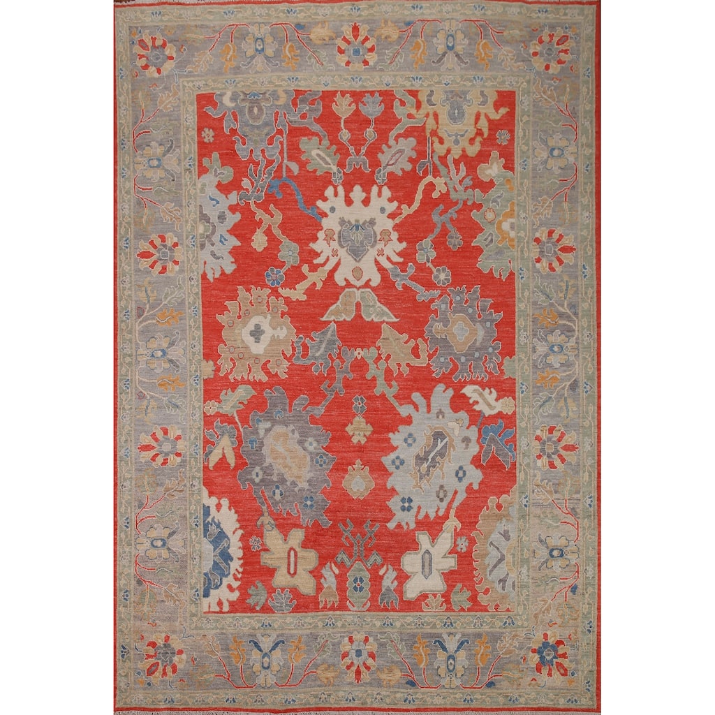 Red Floral Oushak Vegetable Dye Area Rug Handmade Wool Carpet - 8'2"x 9'11"