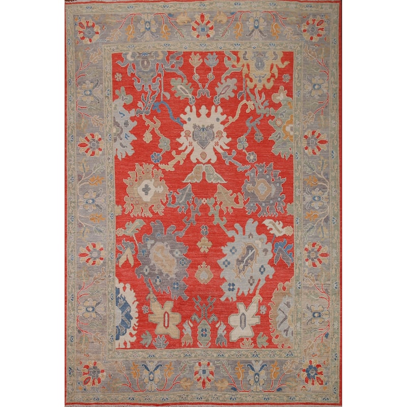 Red Floral Oushak Vegetable Dye Area Rug Handmade Wool Carpet - 8'2"x 9'11"