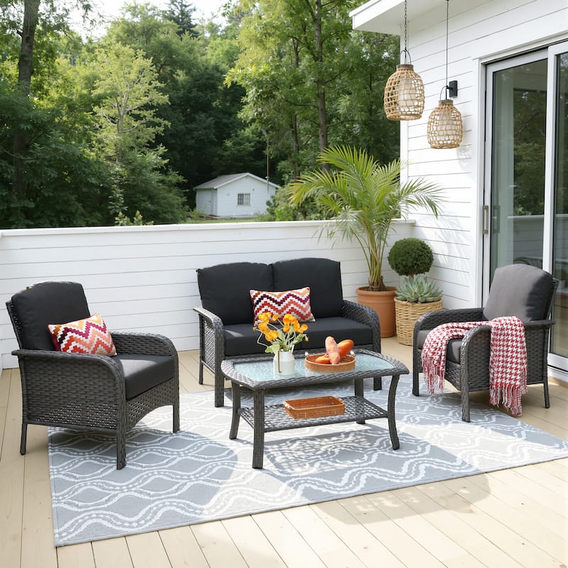 HOOOWOOO 4-piece Wicker Outdoor Conversation Set with Glass Coffee Table - Black