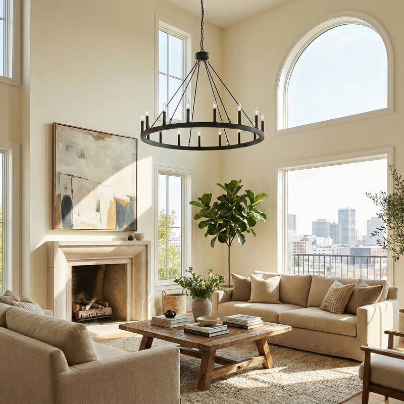 Modern Farmhouse Black Round Wagon Wheel Chandelier