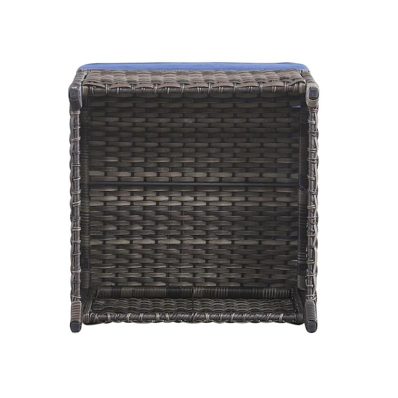Outdoor Rattan Ottomans Wicker Ottomans with Blue Cushion (Set of 2)