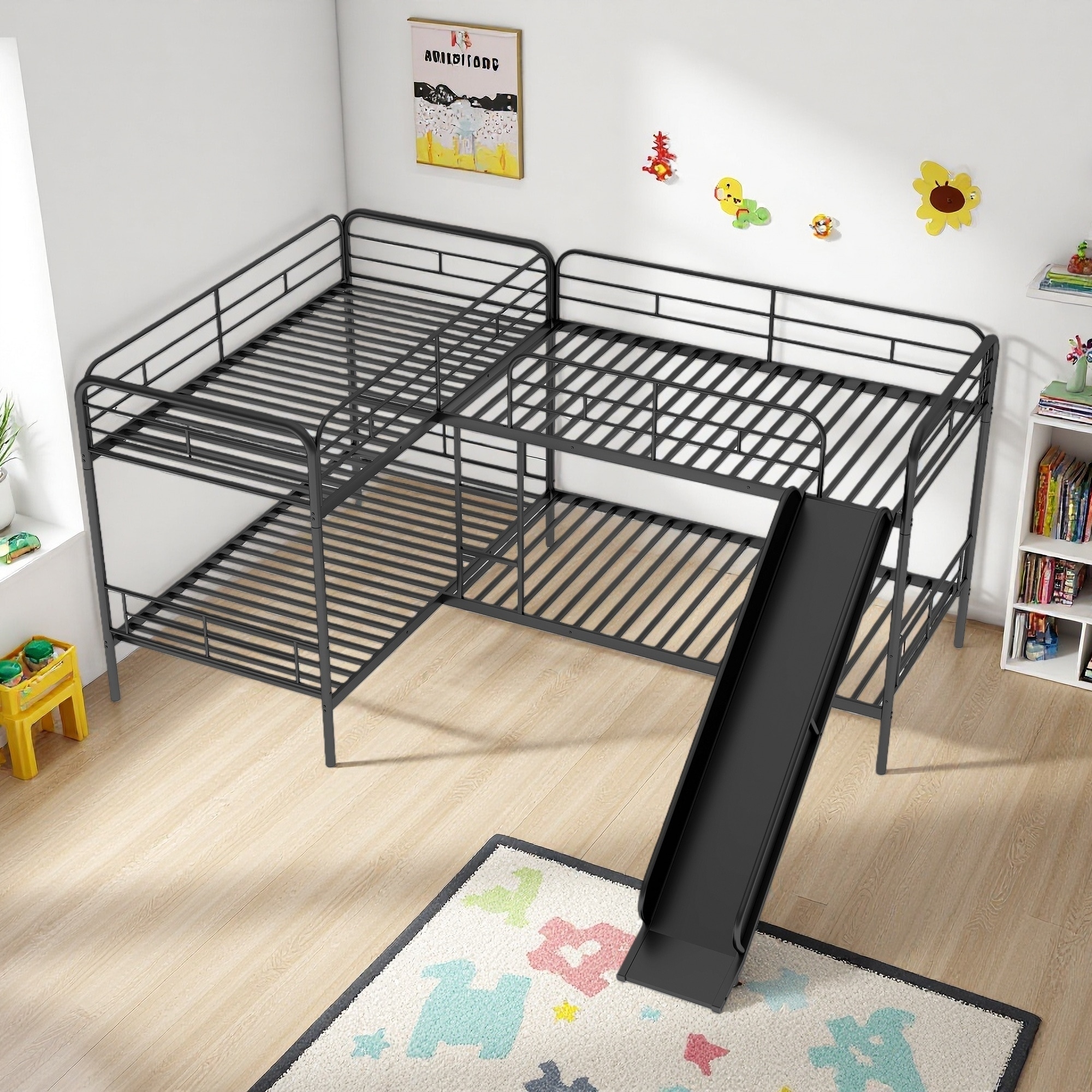 Twin Size Metal L-Shaped Bunk Bed with Slide and Ladder