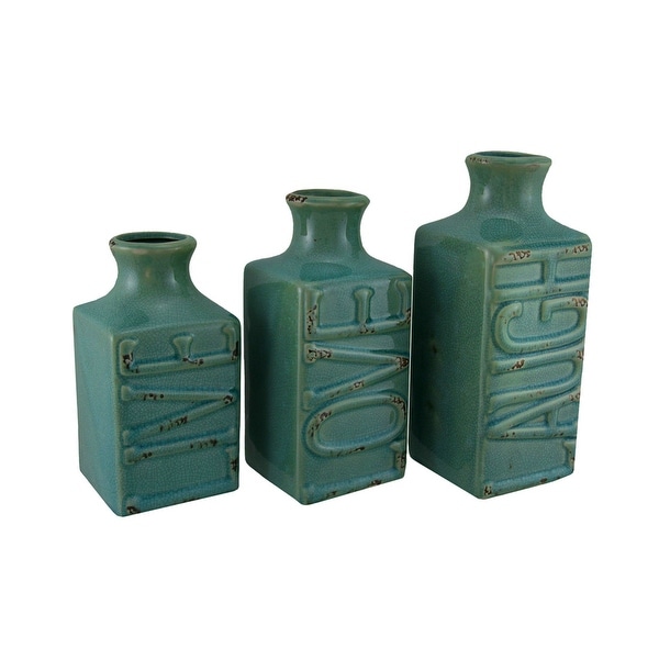 Set of 3 Blue Crackle Finish Live Laugh and Love Porcelain Vases - 9 X 4 X 4 inches