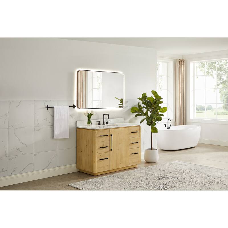 Serene Bathroom Vanity in Nature Brown with Grain White Engineered Stone Countertop with Mirror