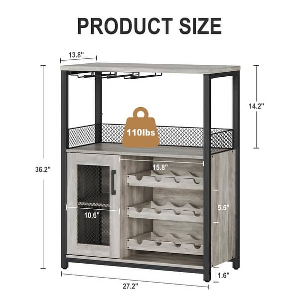 dimension image slide 1 of 2, 3-Tier Wine Bar Cabinet with LED Lights, Detachable Wine Rack and Storage Space,Grey - 27.2x13.8x36.2in