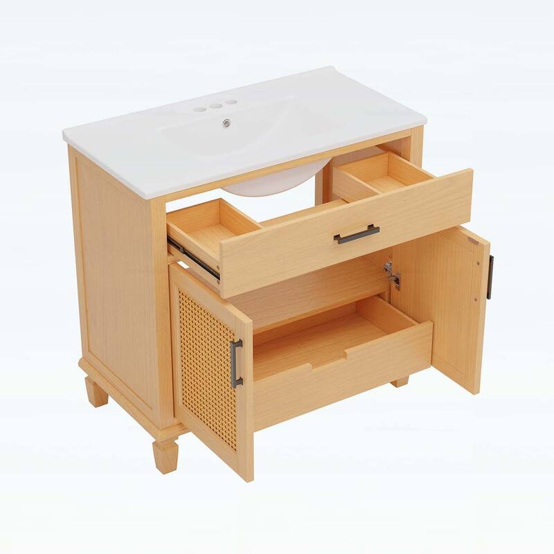 36 Inch Rattan Bathroom Vanity with Ceramic Sink,Modern Design with 2 Soft Close Doors and 3 Drawers