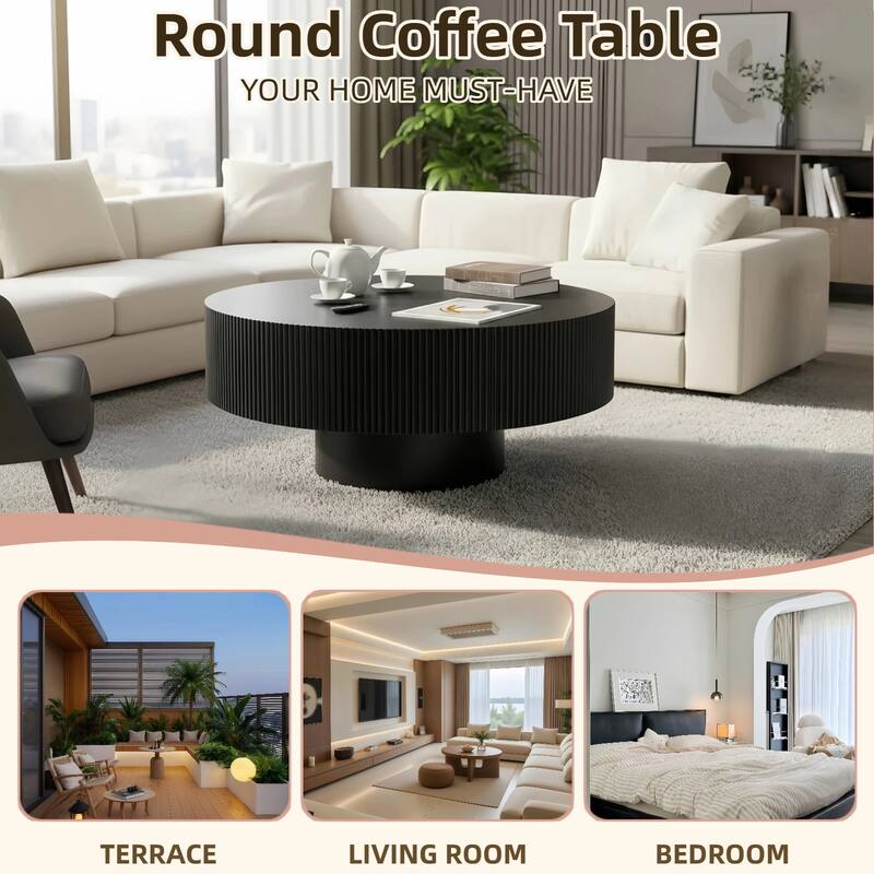 Round Fluted Coffee Table with Sturdy Pedestal, Mid-Century Modern Accent Table for Living Room & Small Spaces