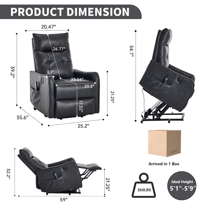 PU Leather Recliner with Single Motor Lift Massage Heat and 155 Degree Recline