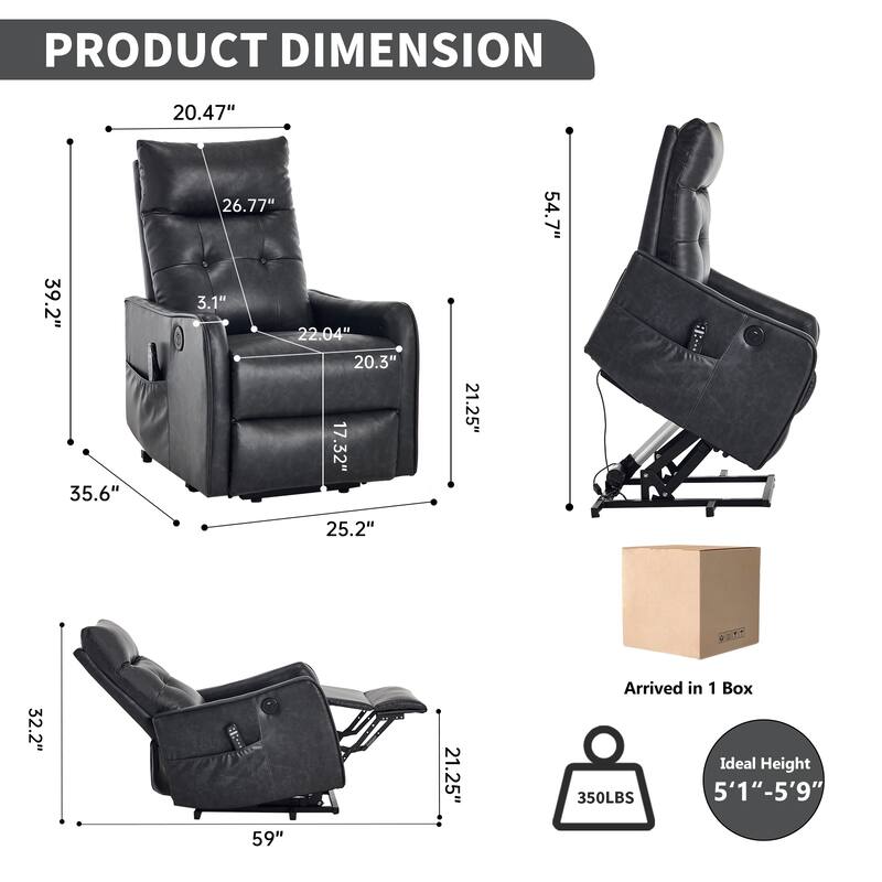 PU Single Motor Power Lift Recliner Chair with Massage and Heat for Elderly, Heavy Duty Motion Mechanism and One USB