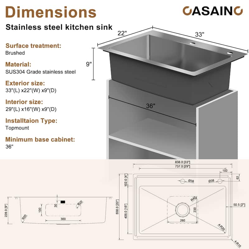33 in. Drop-in Single Bowl 18 Gauge Brushed Stainless Steel Kitchen Sink with Bottom Grid and Basket Strainer, cUPC Certified