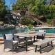 preview thumbnail 17 of 21, Linden Outdoor 6 Piece Rustic Iron and Acacia Wood Dining Set by Christopher Knight Home sandblast light grey/black