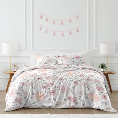 Sweet Jojo Designs Blush Pink Grey Boho Floral Girl Queen Duvet Cover Bedding Set Bohemian Watercolor Farmhouse Shabby Chic Gray