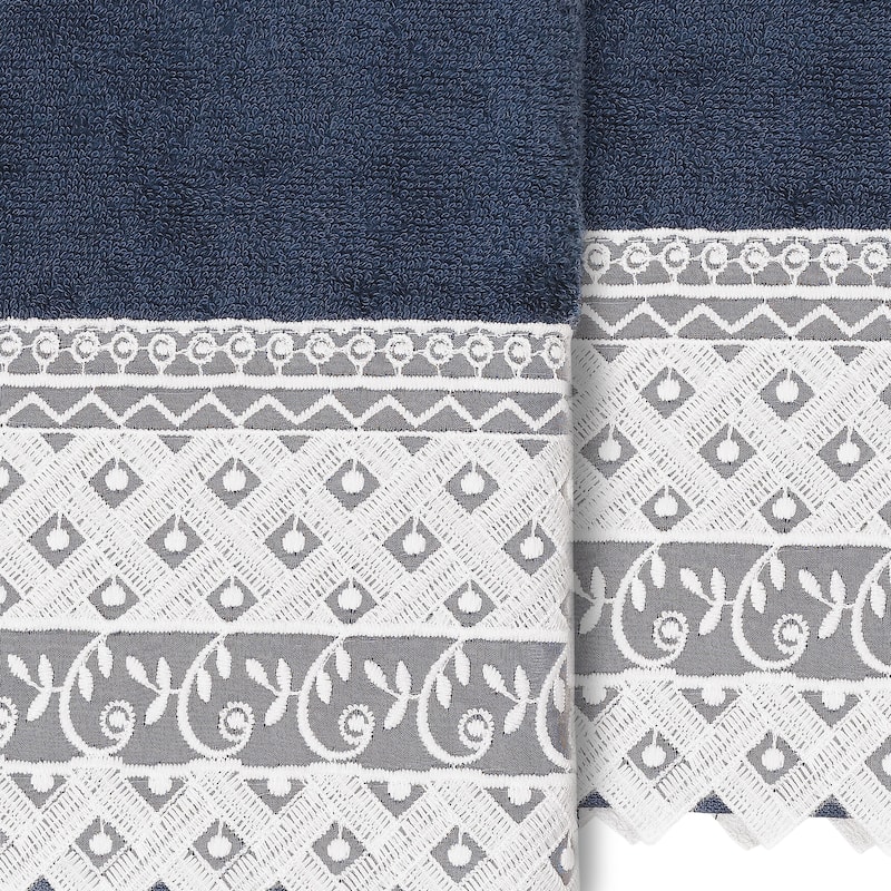 Authentic Hotel and Spa 100% Turkish Cotton Aiden 2PC White Lace Embellished Hand Towel Set