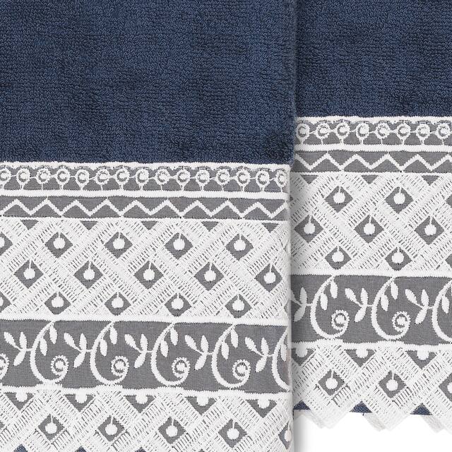 Authentic Hotel and Spa 100% Turkish Cotton Aiden 2PC White Lace Embellished Hand Towel Set