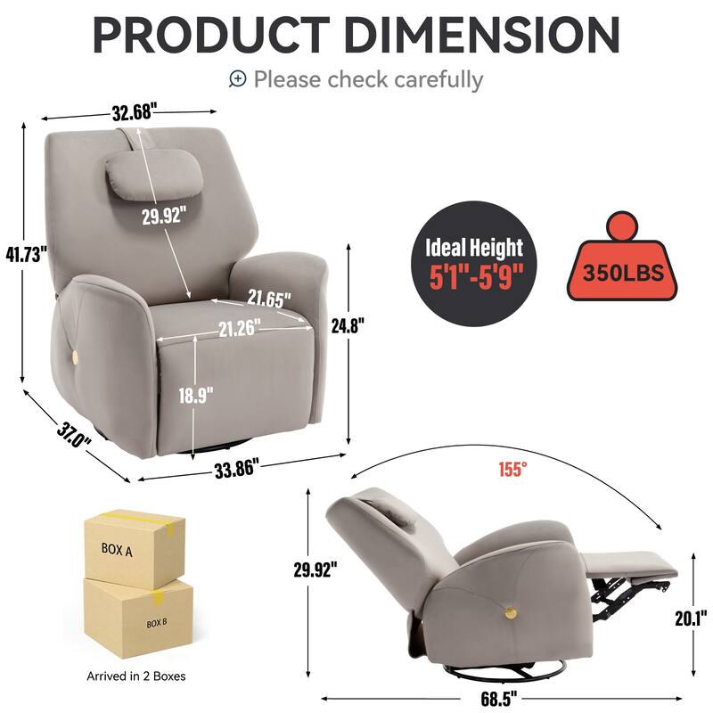 Grey Power Recliner with 270° Swivel & USB Charging Ports