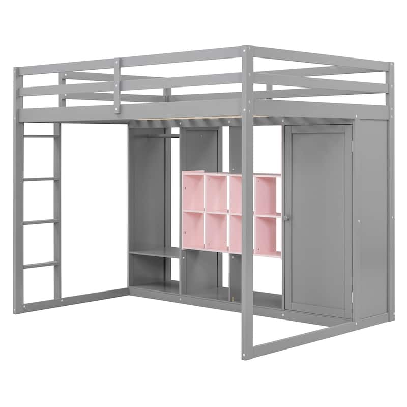 Full Size Wood Loft Bed with Wardrobe, shelves and Cabinet, Gray+Pink