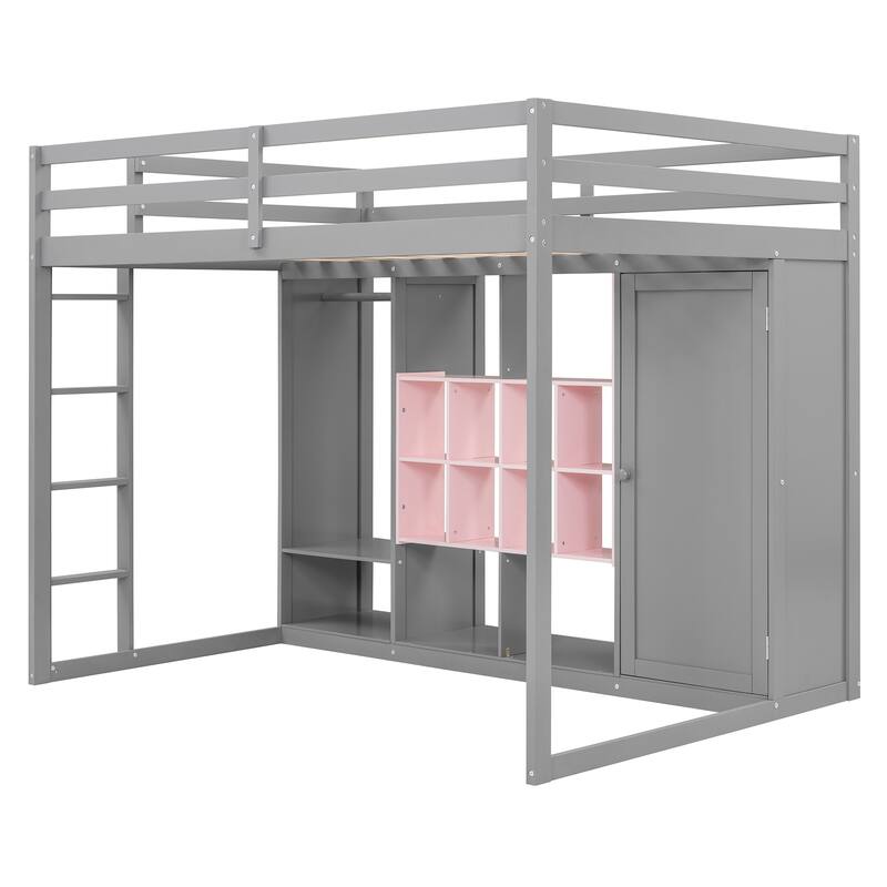Space-Saving Wood Loft Bed with Wardrobe, Shelves, and Cabinet in Gray and Pink