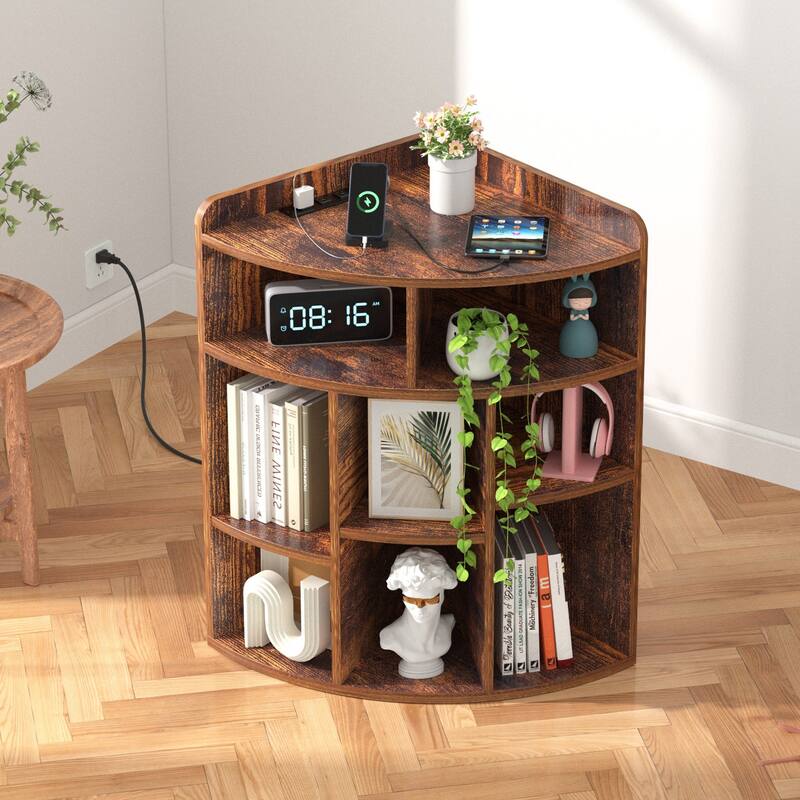 VECELO 4-Tier Adjustable Corner Bookshelf with Charging Station 3 AC Outlets & 2 USB Ports Waterproof Eco-Friendly Design