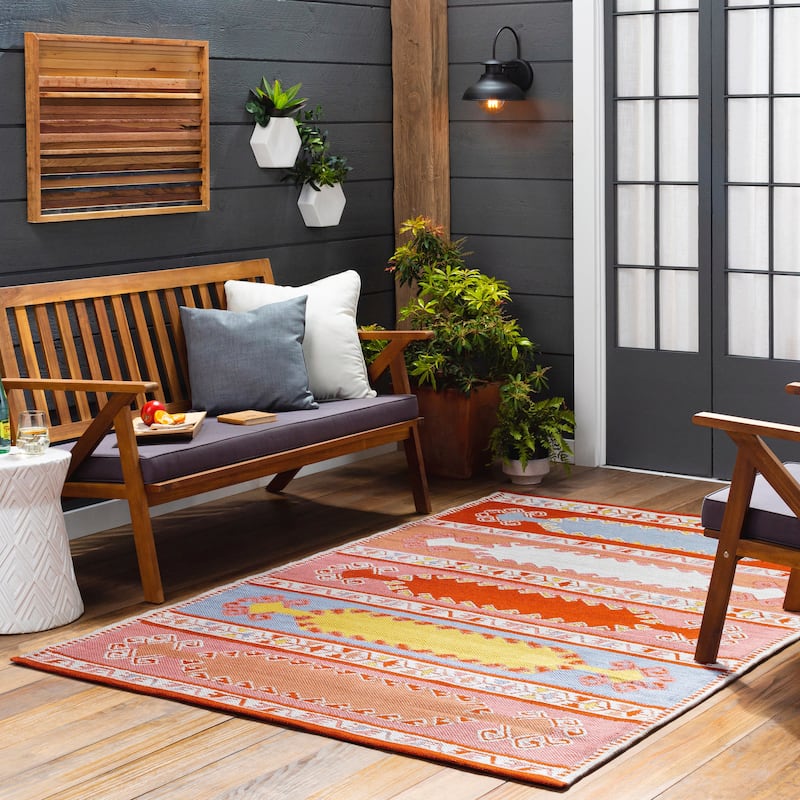 Livabliss Handmade Sajal Outdoor Recycled PET Area Rug - 4' x 6' - Brick Red Multi