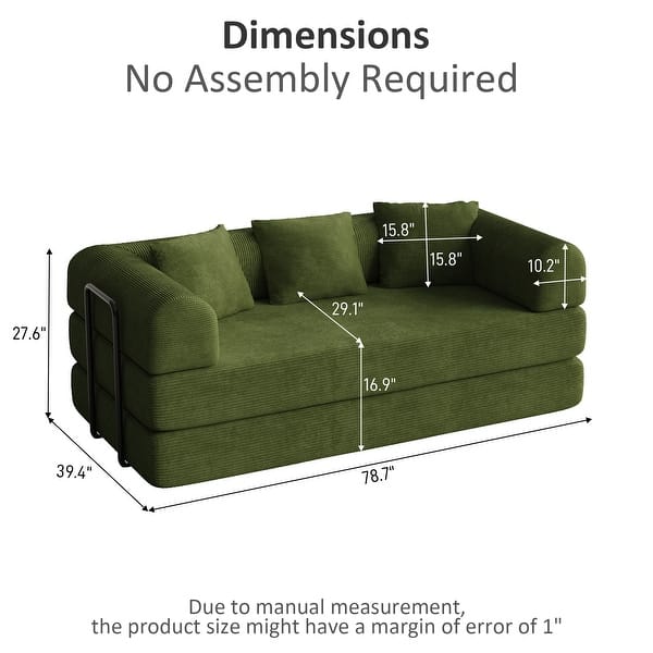 dimension image slide 2 of 7, Convertible Sleeper Sofa Bed with Pillows, 4-in-1 Corduroy Folding Mattress Couch