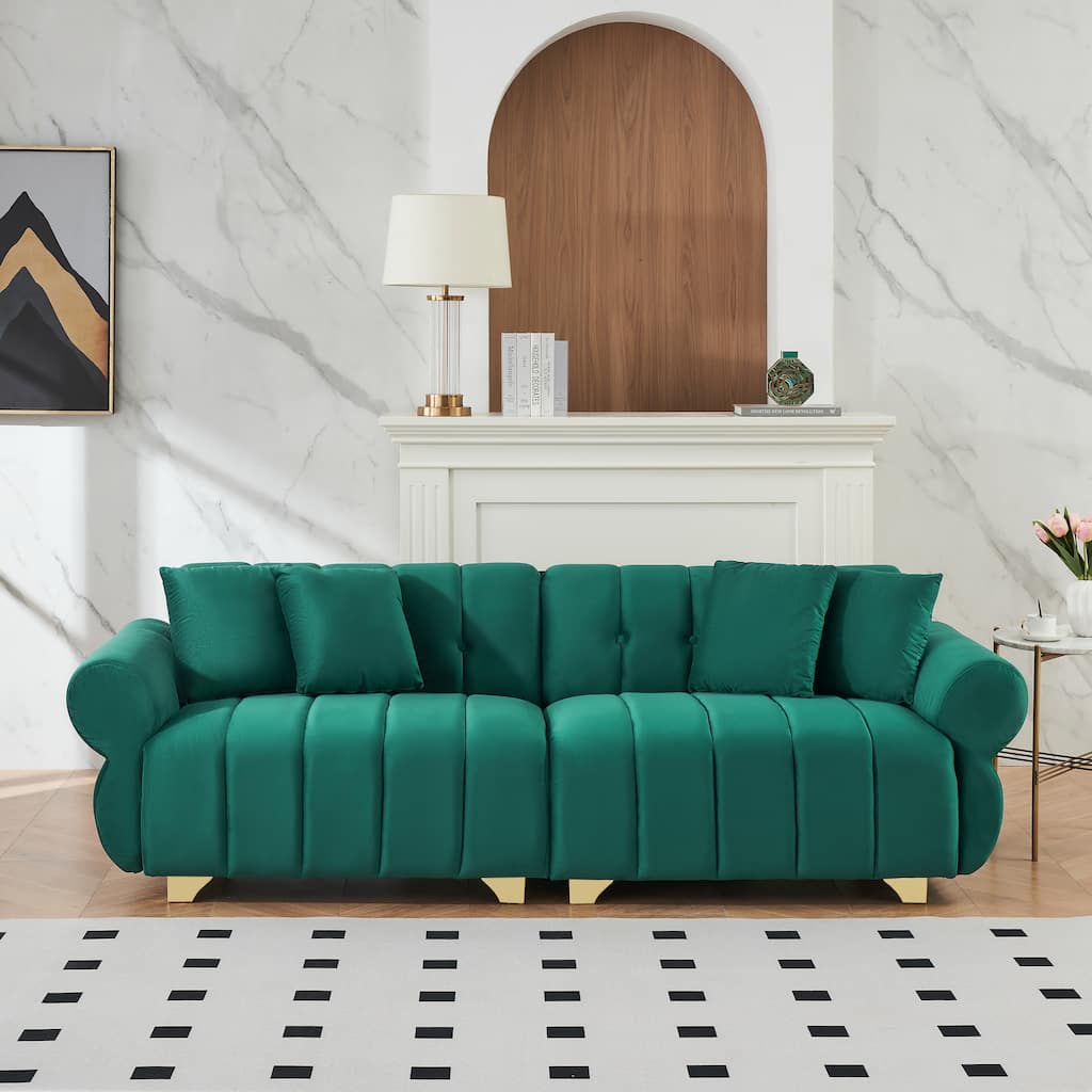 89-inch Green Velvet Sofa with Spring-wrapped Cushions and 4 Throw Pillows