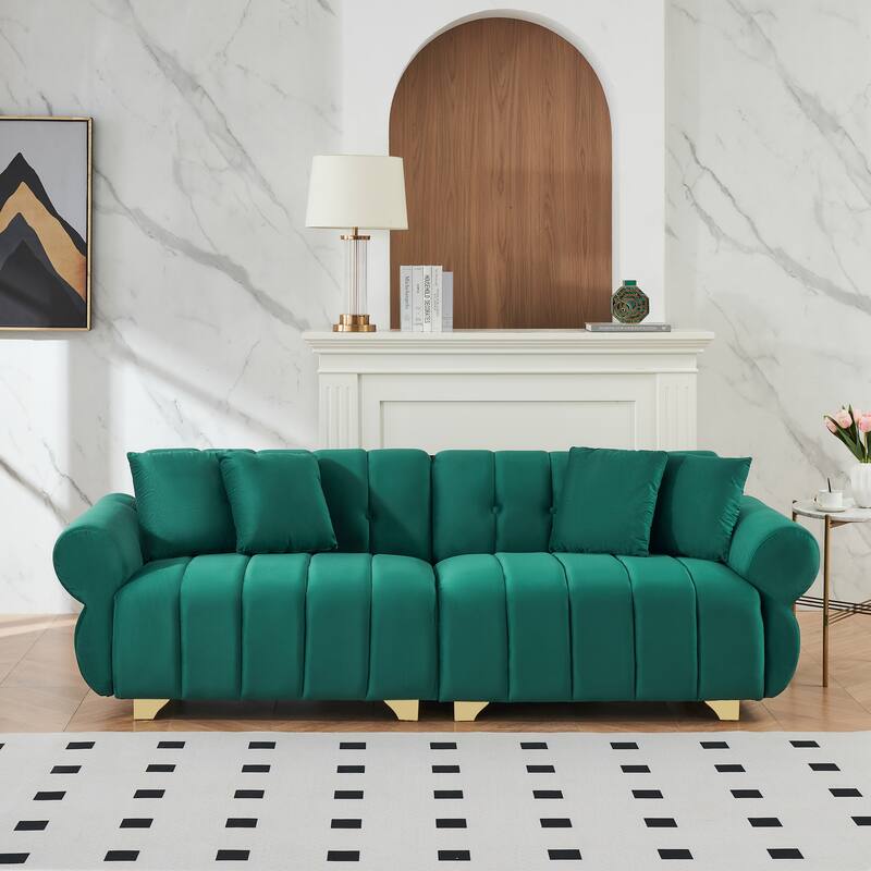 Velvet Sofas Lounge Couch with Round Armrests and Channel Tufting Back, Deep Seat Sofa with Metal Leg and 4 Throw Pillows - Green