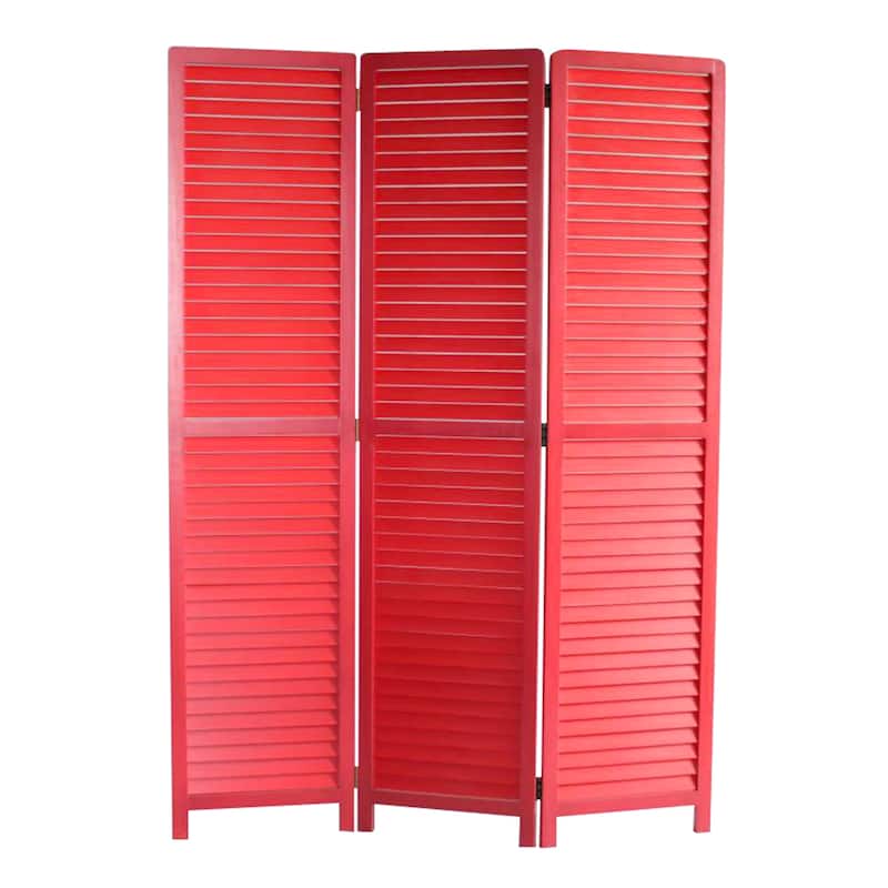 Transitional Wooden Screen with 3 Panels and Shutter Design, Red