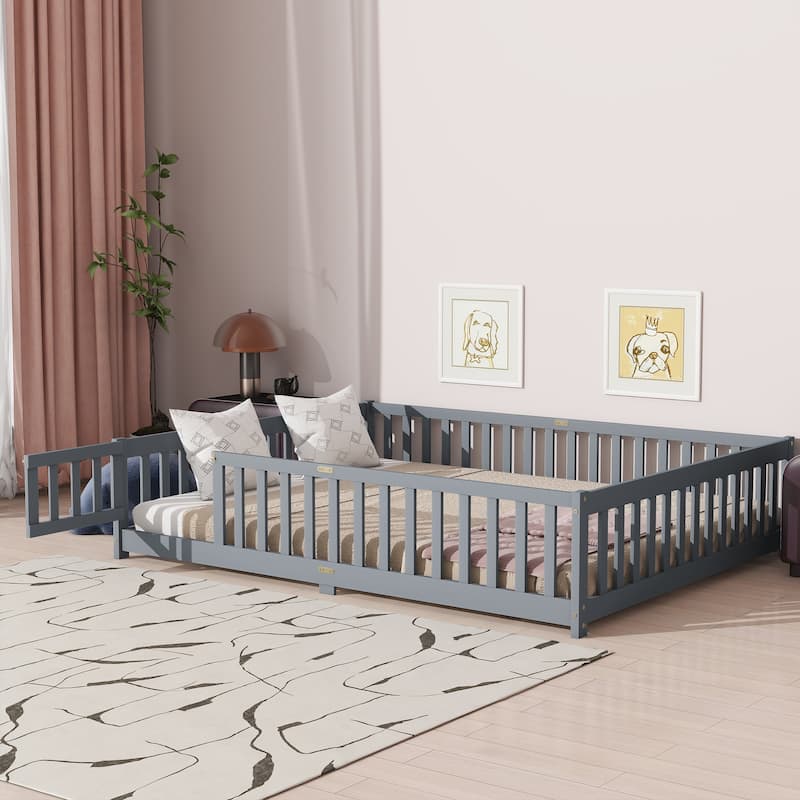 Queen Size Floor Bed with Fence,Door,Rubber Wood Floor Bed with Safety Guardrails