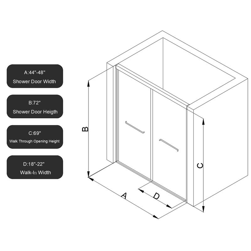 Half Frameless Double Sliding Glass Shower Door, 1/4 inch Tempered Glass