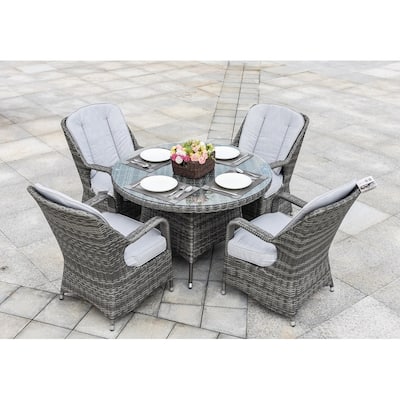 5-pieces Patio Wicker Round Dining Set with 4 Armchairs