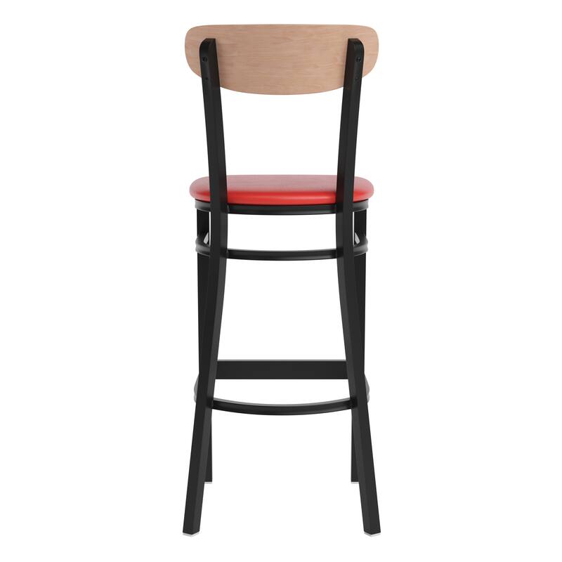 Commercial Metal Barstool with Wood Seat and Boomerang Back