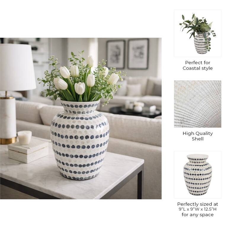 Decorative Vase - Shell Coastal Capiz Dots - Ivory and Blue
